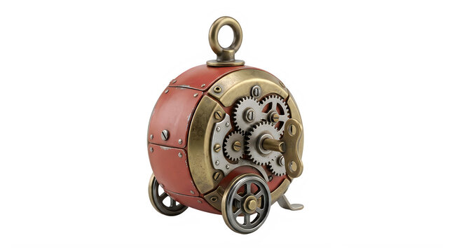 Steampunk wind-up music box with gears and red leather finish on