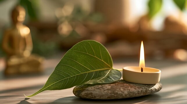 Heart shaped Bodhi leaf and glowing tea light candle on a smooth stone with a Buddha statue in soft focus. Buddhist enlightenment and Rohatsu concept for meditation websites 