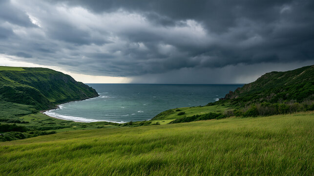 fierce atlantic storm approaching a tranquil green coastal meadow, dramatic dark storm clouds over a peaceful atlantic coastline, powerful stormfront sweeping across a lush green coastal landscape