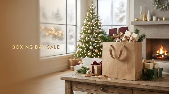 Boxing Day Sale concept with shopping bag, Christmas tree and gifts in cozy living room interior