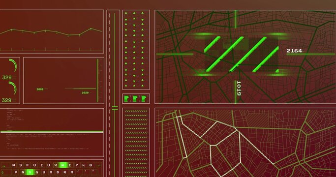 Displaying map dashboard on console, showing two map panels, green bars, label 2164, copy space