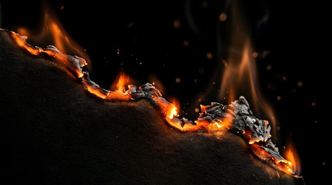 Burning edge of a piece of paper with bright orange flames and glowing embers against a dark black background