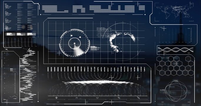 Displaying translucent HUD overlay centered at control console, with radar, map, waveform
