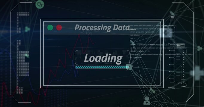 Displaying central UI window loading data on dark dashboard, with cyan progress bar