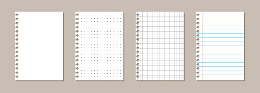 Notebook page set. Paper with empty, dotted, grid and lined template. Vector illustration