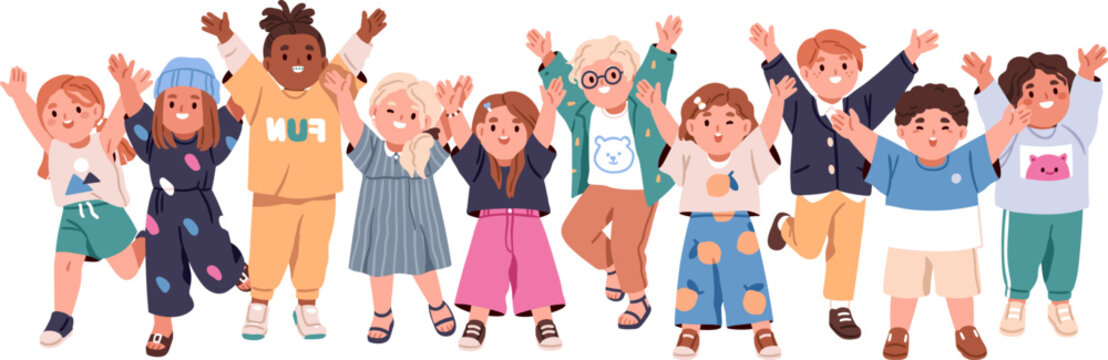 Happy children, kids, girls and boys group. Happy children characters, little girls and boys celebrate. Diverse kids group, cute child characters, friends. Flat vector illustration isolated on white.