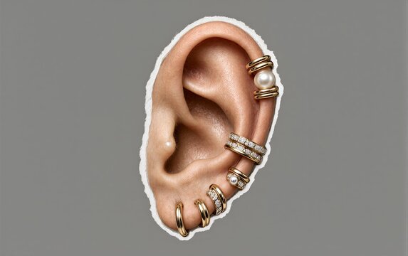 Elegant ear adorned with multiple gold hoops and pearl gemstone earrings.
