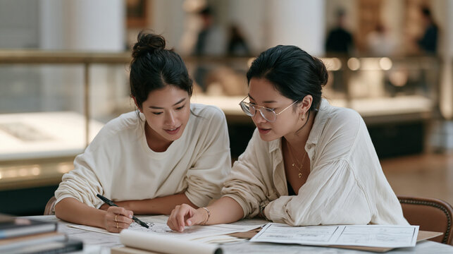 A career changer starting as a museum educator, preparing interactive learning materials with a senior colleague, display cases and educational activity sheets in the background,