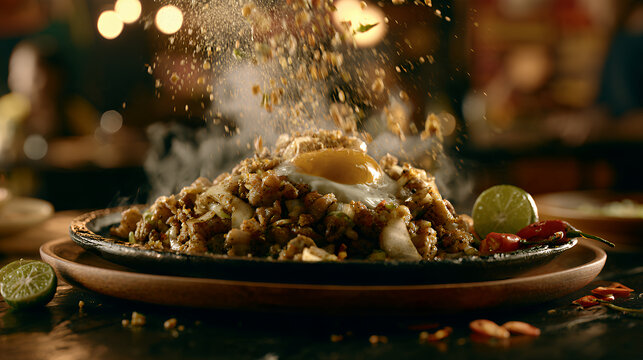 Steaming hot Filipino pork sisig served on a sizzling plate with egg and calamansi from Pampanga