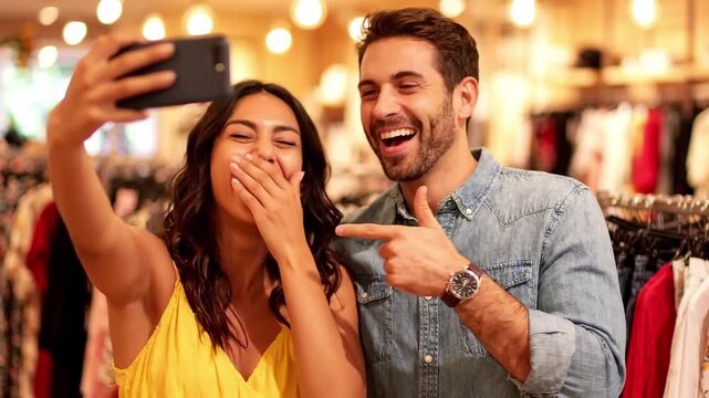 Couple taking funny selfies together while shopping in clothing store. Friends enjoying retail outing and playful moments. Smartphone photography, social media sharing.