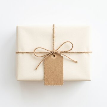Gift box wrapped in neutral paper with twine and a gift tag