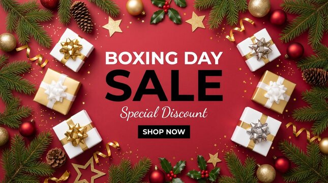 Boxing day sale with gift boxes and holiday decorations