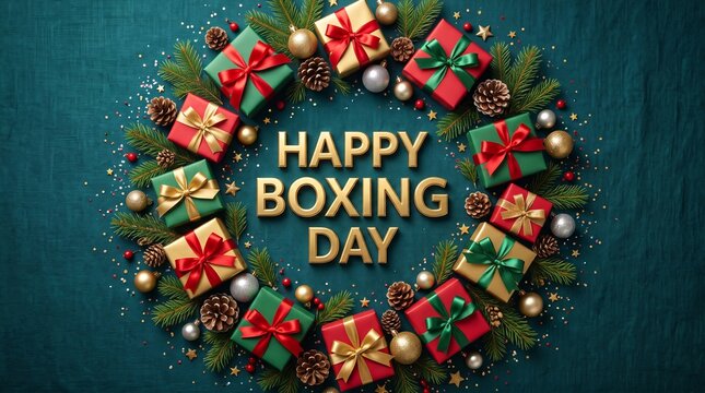 Happy boxing day celebration with colorful gift boxes and ornaments