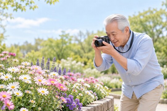 公園に咲く花をカメラで撮影する日本人シニア男性