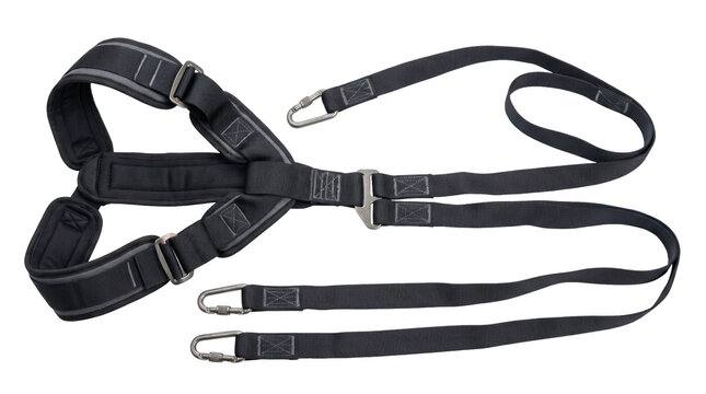 Black adjustable shoulder harness with straps and clips on a transparent background