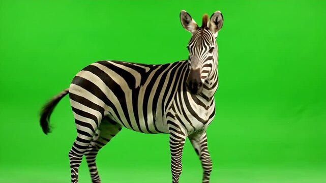 Alert Zebra Full Body Green Screen - A realistic zebra stands in a full body, alert stance with its ears forward and head held high.