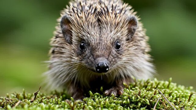 Small Hedgehog Portrait on Green Moss - A small, adorable hedgehog stands still on a vibrant green mossy surface, facing the camera directly.