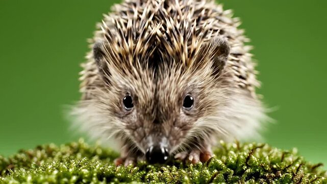 Small Hedgehog on Green Moss Facing Camera - A small, adorable hedgehog stands still on a vibrant green mossy surface, looking directly at the camera with its dark eyes.