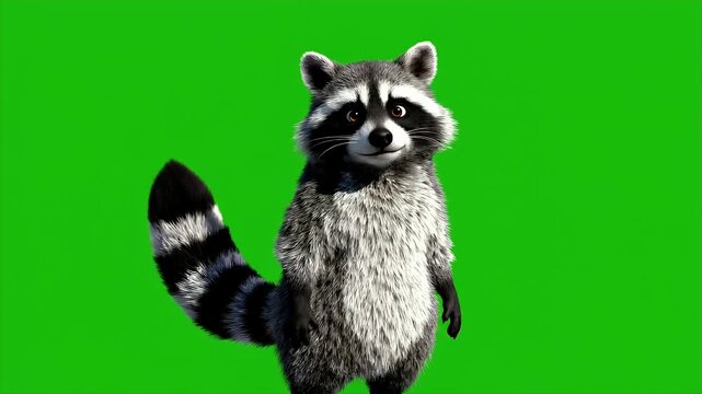 Animated Cartoon Raccoon on Green Screen - A charming animated cartoon raccoon stands upright and looks forward with a gentle expression.