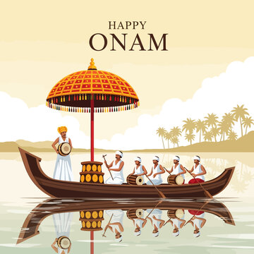 Happy Onam: Snake boat race with rowers and musicians on water