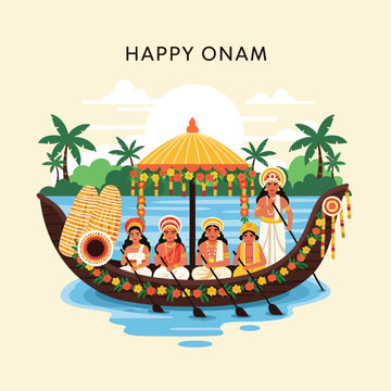 Happy Onam: Boat Race Festival Celebration with Traditional Kerala People