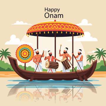 Onam boat race celebration with drummers on a traditional canoe, Kerala festival