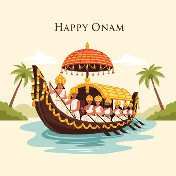 Happy Onam Boat Race Celebration: Traditional Snake Boat with Rowers