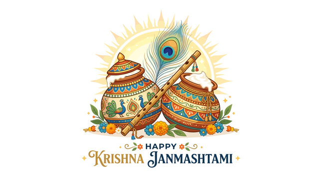 Happy Krishna Janmashtami Greeting Card with Peacock Feather and Flute