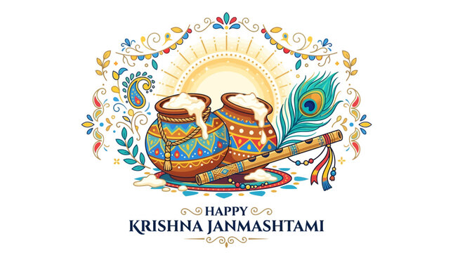 Happy Krishna Janmashtami: Pots of Curd, Peacock Feather, Flute, Festive Decor