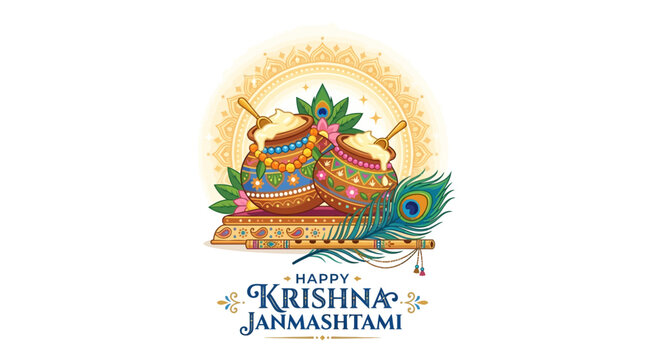 Happy Krishna Janmashtami Celebration: Pots, Peacock Feather, Flute, Mandala