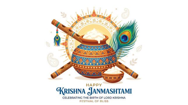 Krishna Janmashtami Indian Festival Flute Peacock Feather Butter Pot Illustration