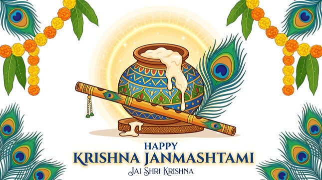 Happy Krishna Janmashtami illustration, pot of curd, flute, peacock feathers, festive decoration