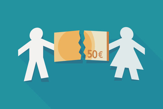 Flat design illustration of paper cut couple pulling apart a torn 50 euro banknote, symbolizing marital property division, divorce settlement, alimony, and money crisis