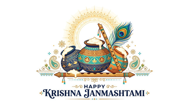 Happy Krishna Janmashtami Greeting Card: Pots, Flute, Peacock Feather, Mandala