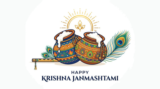 Happy Krishna Janmashtami greeting with pots, peacock feathers, and flute