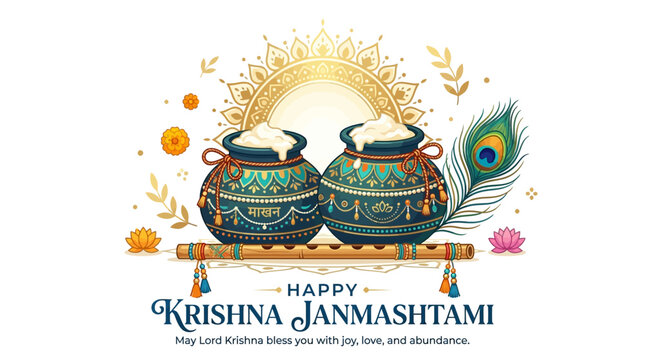 Happy Krishna Janmashtami Celebration with Makhan Pots and Flute