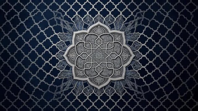Silver Islamic Geometric Medallion Pattern Glowing on Midnight Blue, Islamic Background Video
