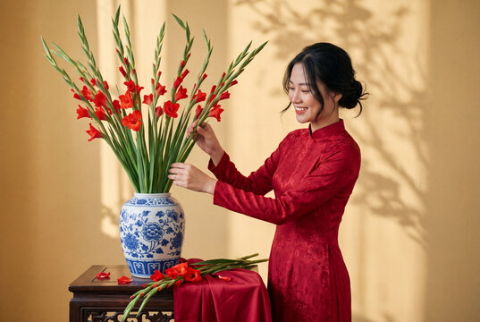 Vietnamese Woman in Red Ao Dai Arranging Red Gladiolus Flowers in Blue and White Porcelain Vase