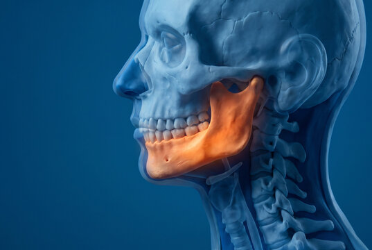 3D medical illustration highlighting the lower jaw mandible anatomy in transparent human skull side view for dental education