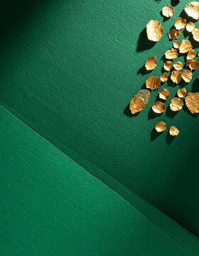 Gold leaf flakes clustered in the upper right of a deep green surface, minimal overhead flat lay with copy space