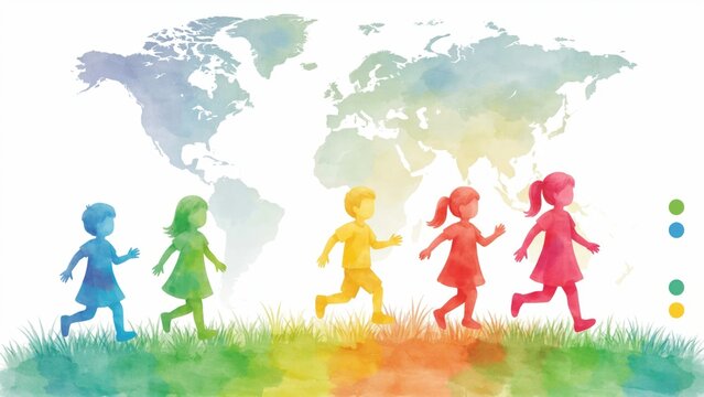 Watercolor illustration of diverse children running in front of a world map