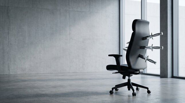 Office chair with knives in back, minimalist style, corporate betrayal and workplace conflict, grey background with space for text