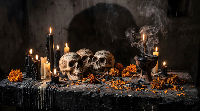 Dark occult altar setting featuring carved calavera skulls burning black taper candles and copal incense burner with swirling smoke and orange marigolds for traditional Day of the Dead rite