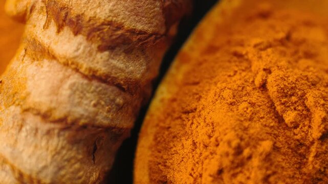 Turmeric root and turmeric powder close up, fresh curcuma rhizome with ground yellow spice and wooden spoon, indian ayurveda superfood ingredient