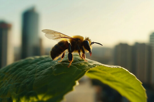 Close-up of a bee resting on a green leaf with modern city skyscrapers in the blurred background on a sunny day, generative ai