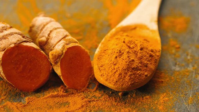 Turmeric root and turmeric powder close up, fresh curcuma rhizome with ground yellow spice and wooden spoon, indian ayurveda superfood ingredient