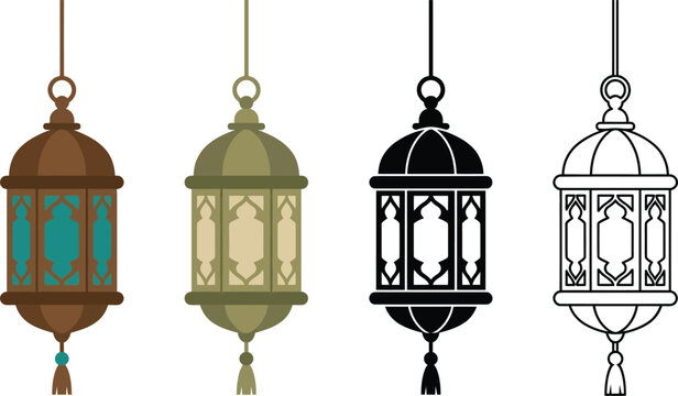 Traditional Arabic lantern vector set, hanging Ramadan Kareem lamp elements, decorative Islamic fanous lighting collection