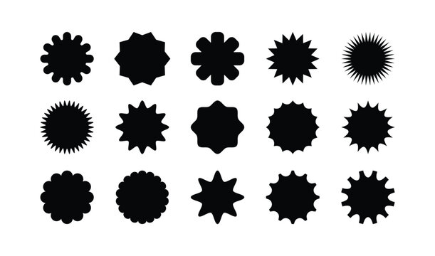 Collection of grungy abstract starburst shapes in black on a white background