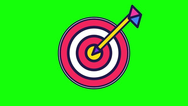 Target with arrow hitting bullseye animation, dartboard impact ripple, goal achievement and business success concept, flat icon seamless loop on chroma key background