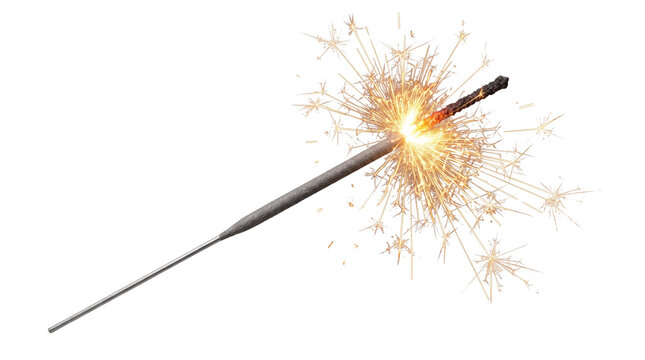 Sparkling burning sparkler on white background, festive firework stick with golden sparks, holiday celebration pyrotechnic element